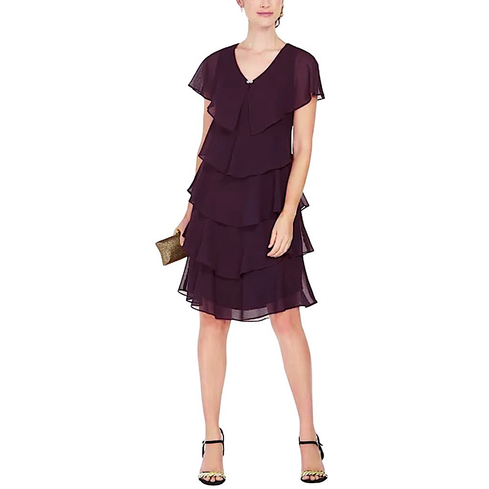 SLNY Tiered Rhinestone Capelet Dress in Fig Size 14 NWT